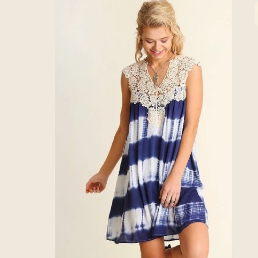 CLEARANCE Blue Tie Dye Crochet Striped Sleeveless Dress